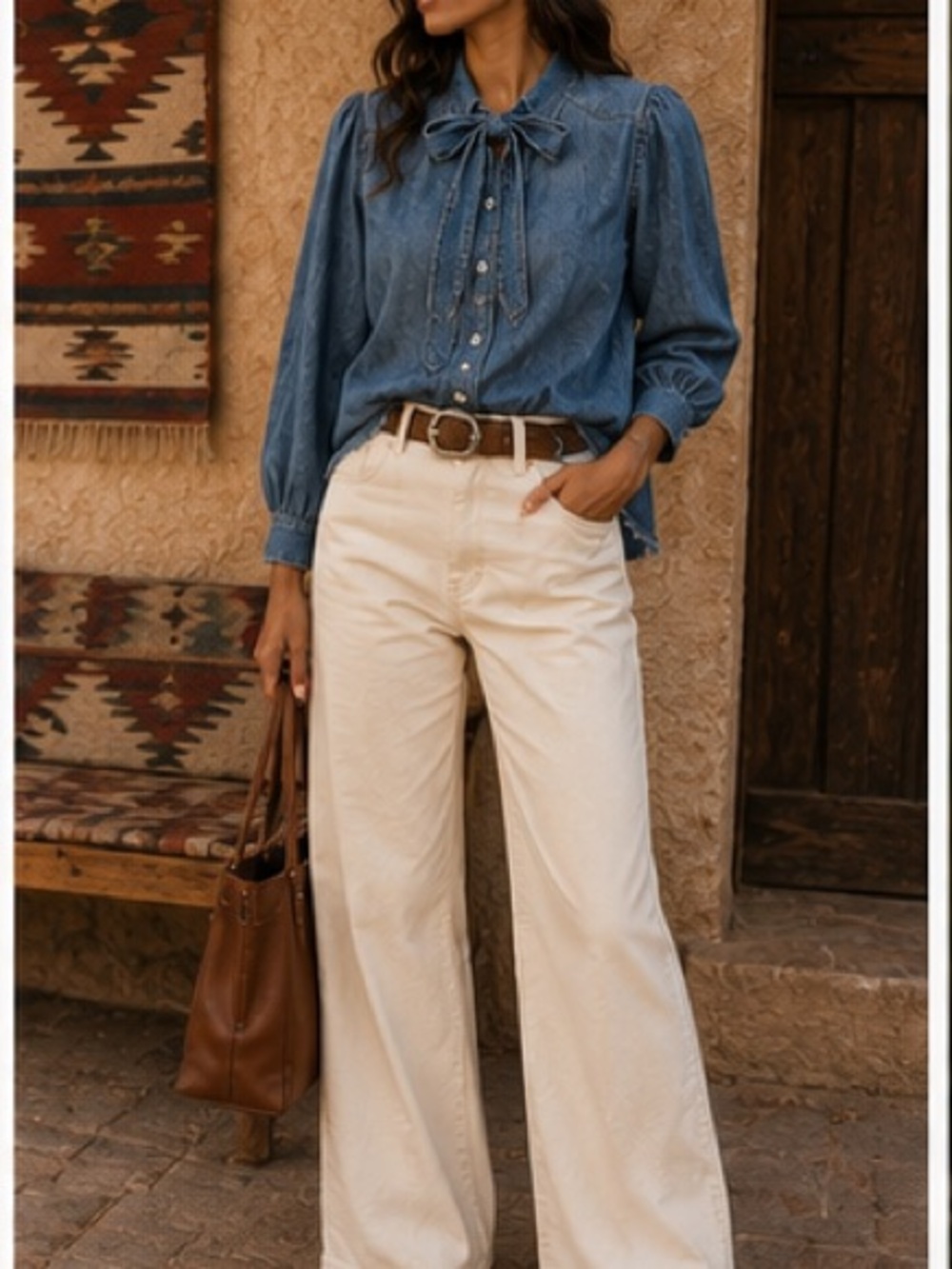 Anthropologie Pilcro Tie Neck Blouse Chambray Puff Balloon Sleeve Excellent M - Picture 8 of 11